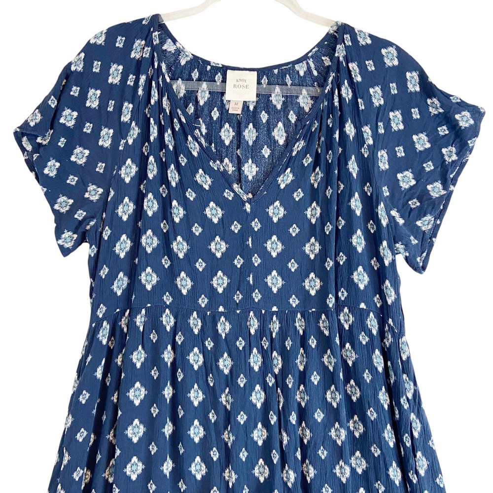 Knox Rose Blue Medallion Tiered Boho Mini Dress Womens Medium V-Neck Rayon - Picture 2 of 6
